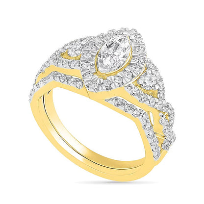 1.5 ct. Gesamtgewicht Brautset mit Diamanten im Marquise- und Rundschliff in 10K Gelbgold