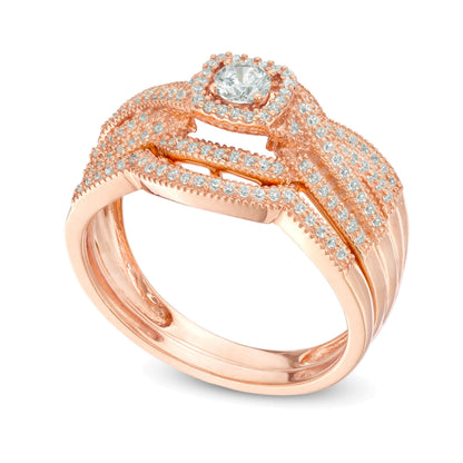 0.5 ct. Gesamtgewicht Diamant Braut-Set mit quadratischem Rahmen und gedrehter Ringschiene in 14K Roségold