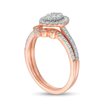 Braut-Set mit Diamanten im Tropfen- und Rundschliff als Komposit-Halo, 0.5 ct. Gesamtgewicht, in 10K Roségold
