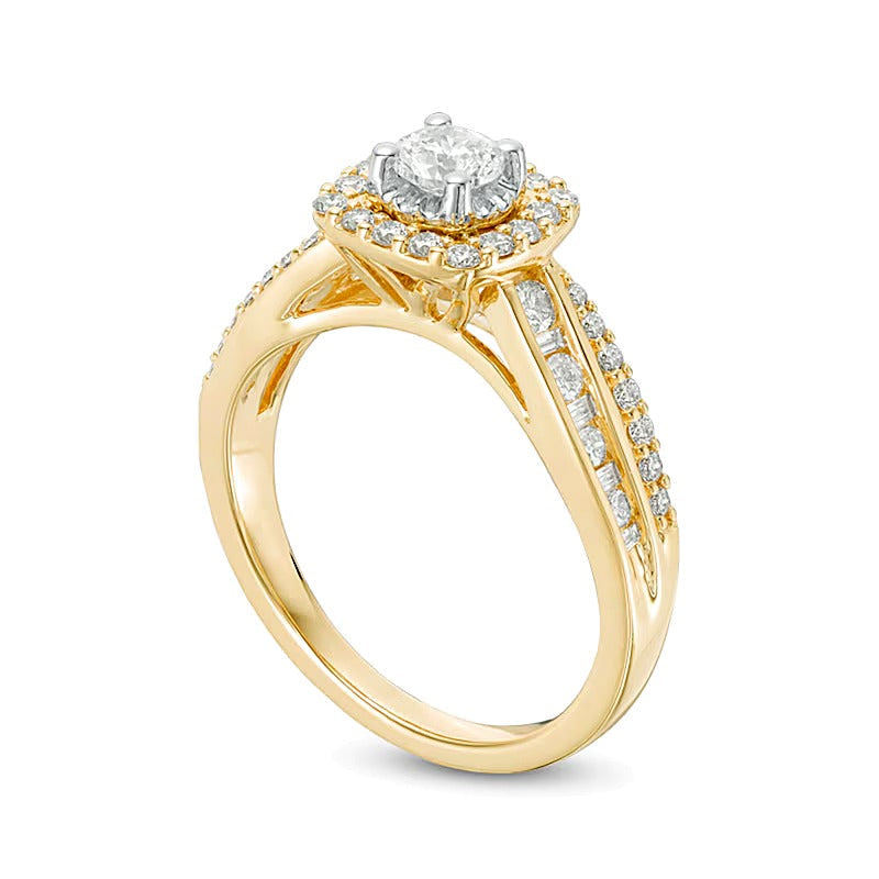 0.88 ct. Gesamtgewicht Diamant Halo-Verlobungsring in 14K Gelbgold