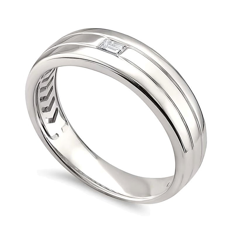 0.13 ct. Solitär-Ring mit Baguette-Diamant und Rillen-Design in 14K Weißgold