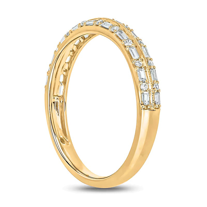0.2 ct. Gesamtgewicht Diamant-Ring im Vintage-Stil mit Baguette- und rundem Schliff, zweireihig, in 10K Gelbgold
