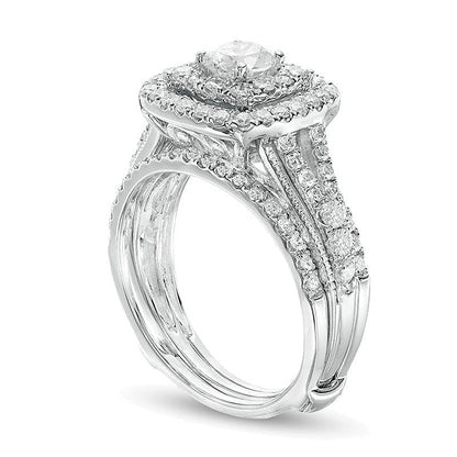 Braut-Set mit Diamanten, rund und quadratisch, 1.5 ct. Gesamtgewicht, in 14K Weißgold