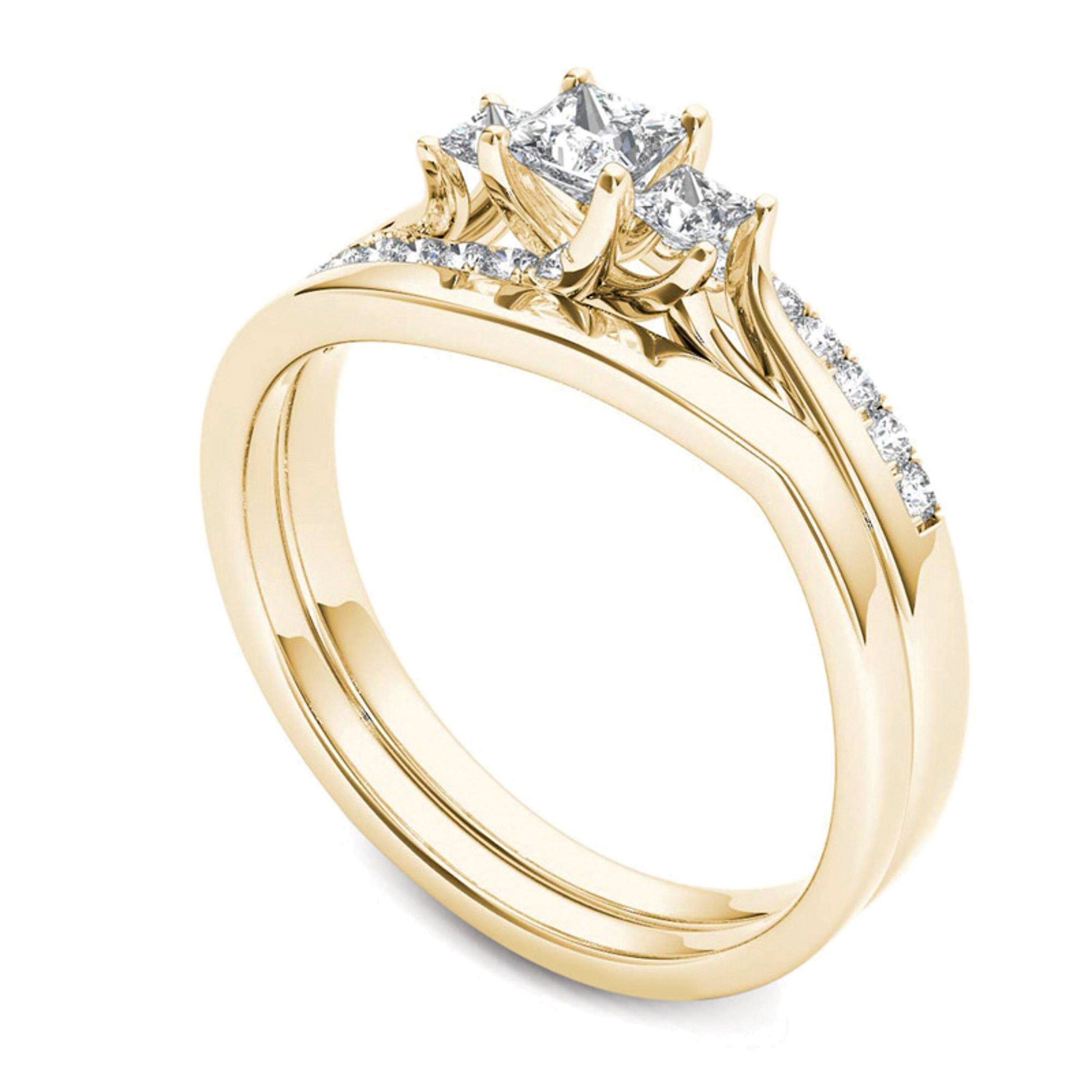 0.5 ct. Gesamtgewicht Diamant im Princess-Schliff Dreistein-Bypass-Brautset in 14K Gelbgold
