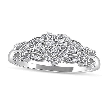 0.25 ct. Gesamtgewicht Herz-Ring mit mehreren Diamanten und Fleur-de-Lis-Ringschiene in 10K Weißgold