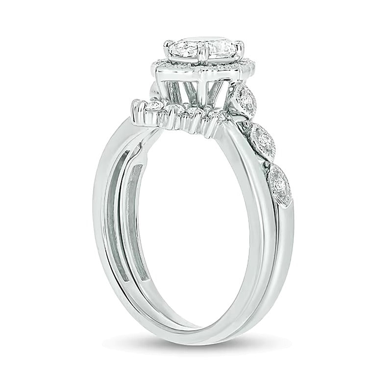 0,75 ct. Gesamtgewicht Braut-Set im Vintage-Stil mit ovalem Diamant-Rahmen in 14K Weißgold (I/I2)