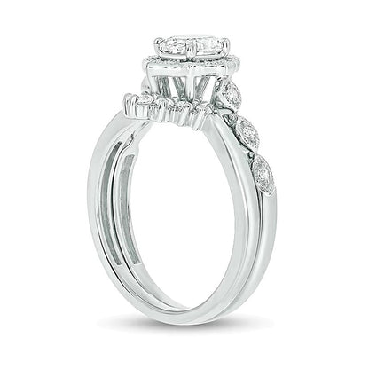 0,75 ct. Gesamtgewicht Braut-Set im Vintage-Stil mit ovalem Diamant-Rahmen in 14K Weißgold (I/I2)