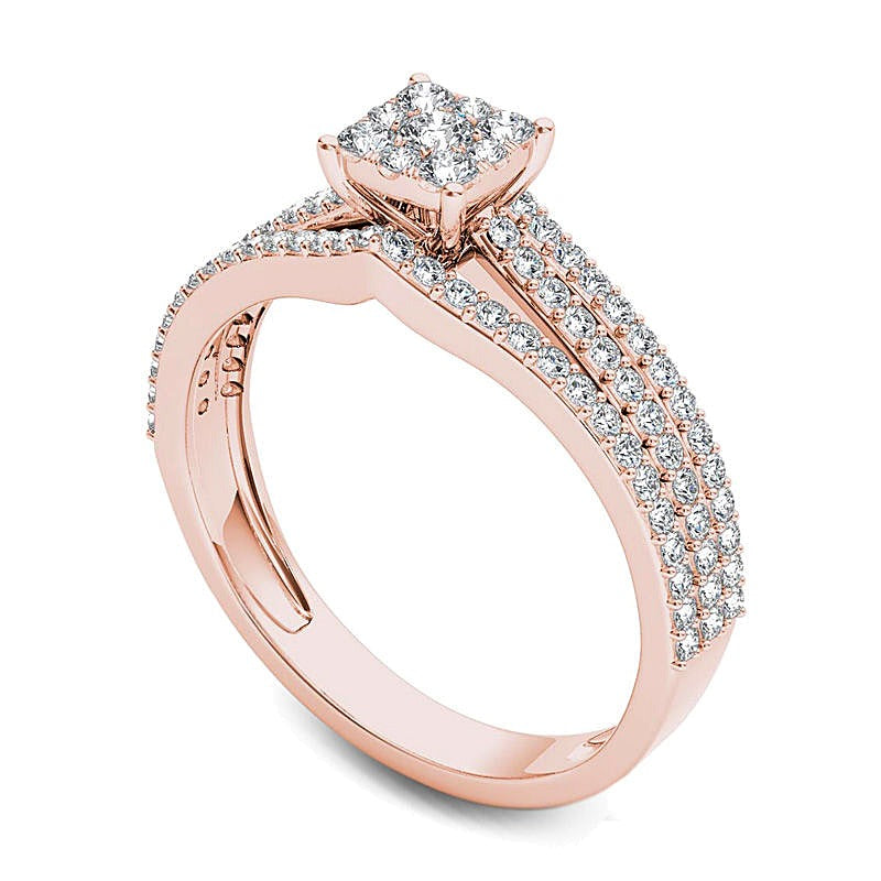 0.63 ct. Gesamtgewicht Multi-Diamant Verlobungsring mit quadratischem Rahmen und drei Reihen in 14K Roségold