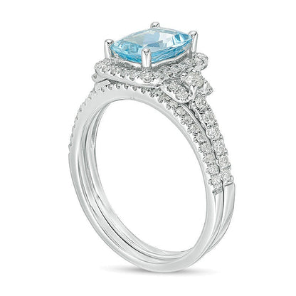 Braut-Set mit Aquamarin im Kissenschliff und 0.5 CT. TW Diamanten im Halo in 14K Weißgold