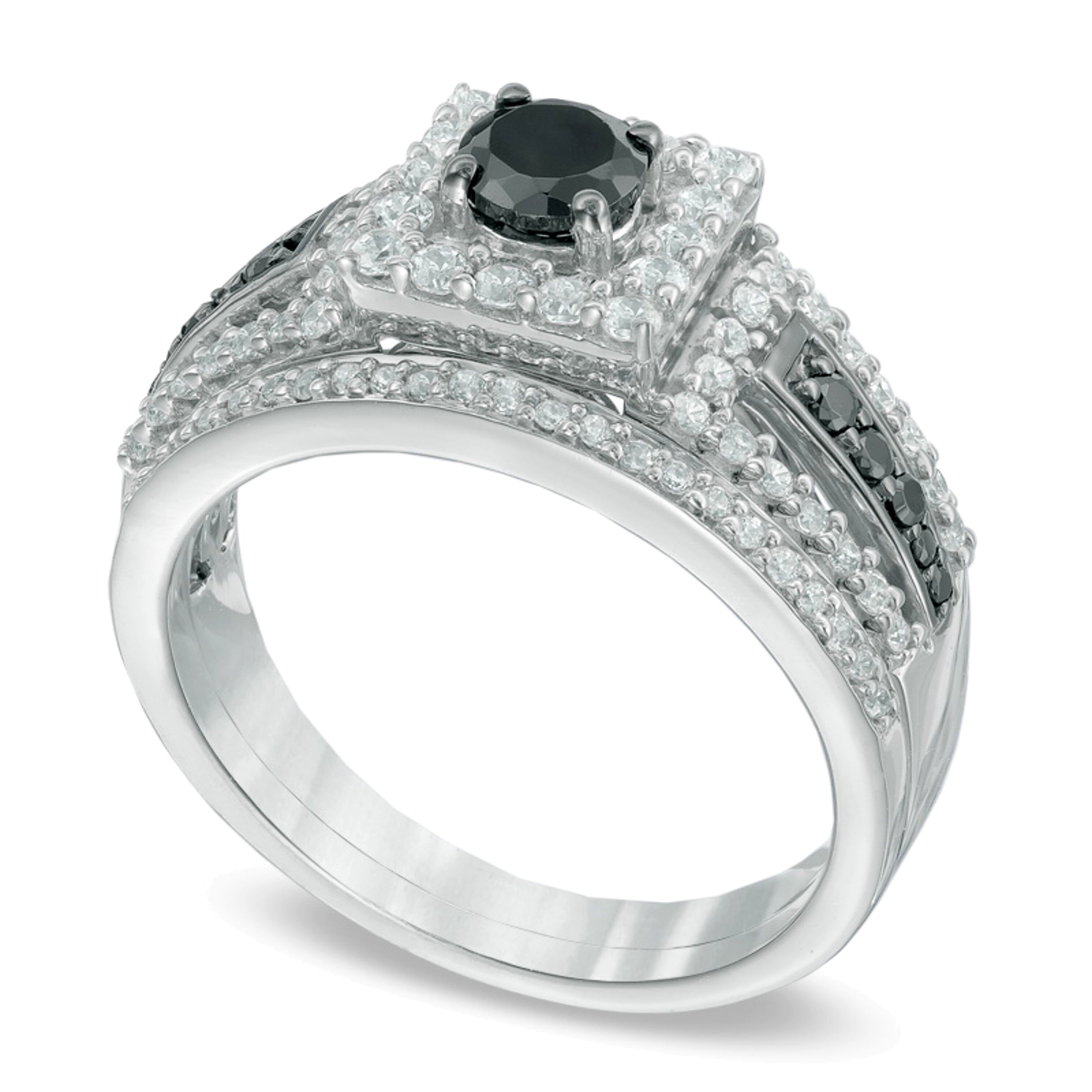 1.0 ct. Gesamtgewicht behandeltes schwarzes und weißes Diamant-Brautset mit quadratischem Rahmen in 10K Weißgold