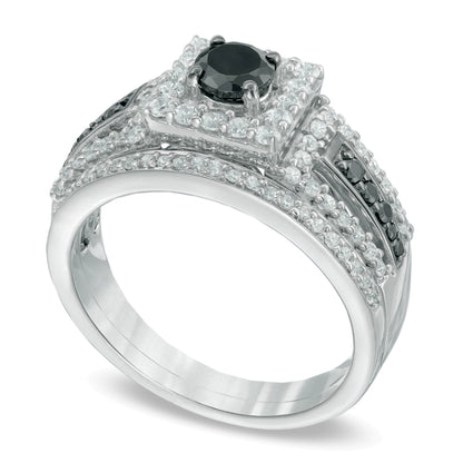 1.0 ct. Gesamtgewicht behandeltes schwarzes und weißes Diamant-Brautset mit quadratischem Rahmen in 10K Weißgold