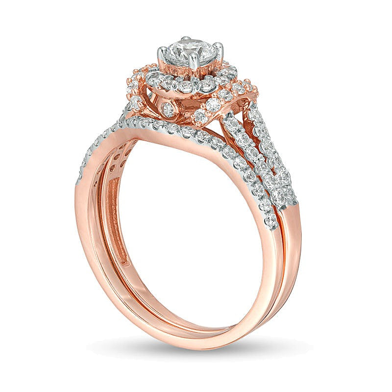 0.88 ct. Gesamtgewicht Diamant Brautset mit Halo-Rahmen in 10K Roségold