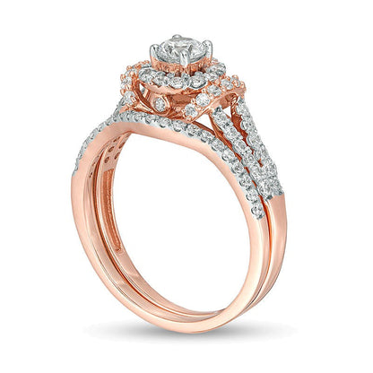 0.88 ct. Gesamtgewicht Diamant Brautset mit Halo-Rahmen in 10K Roségold