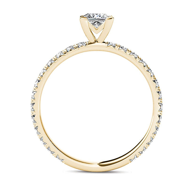 Solitär mit seitlichem Besatz Verlobungsring mit Diamanten im Princess- und Rundschliff 1.0 ct. Gesamtgewicht in 14K Gelbgold