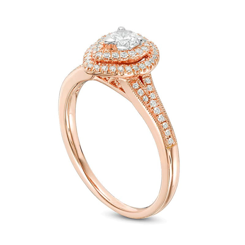 0,5 ct. Gesamtgewicht Diamant Verlobungsring Halo mit rundem und tropfenförmigem Schliff im Vintage-Stil in 14K Roségold für Damen