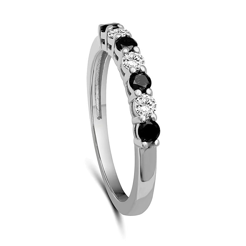 Memoire-Ring mit schwarzen und weißen Diamanten 0.5 ct. Gesamtgewicht im Wechsel in rhodiniertem Sterlingsilber 925