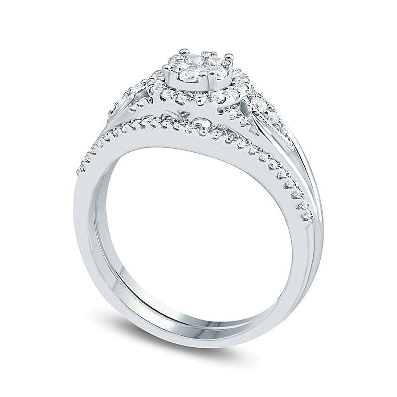 0.5 ct. Gesamtgewicht Komposit-Diamant Brautset mit Blütenrahmen und Blütenblatt-Seiten in 10K Weißgold