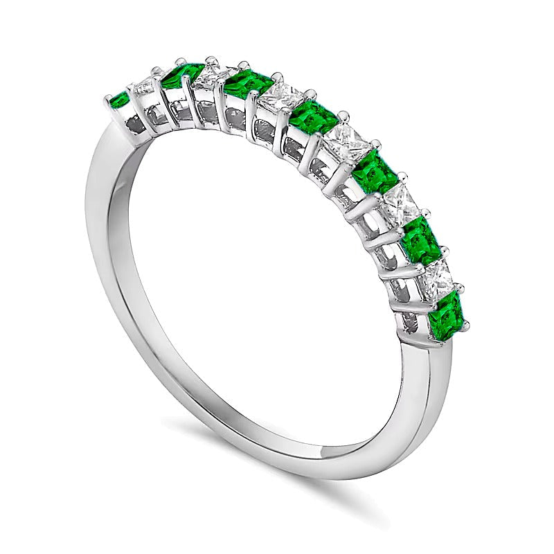 Memoire-Ring mit Smaragd im Princess-Schliff und 0,2 ct. Gesamtgewicht Diamanten im Princess-Schliff im Wechsel in 10K Weißgold
