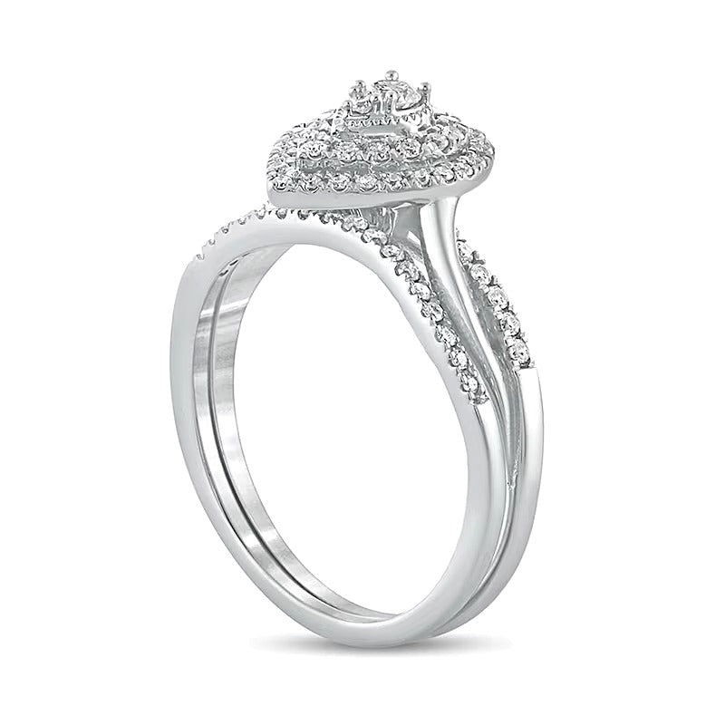 0.38 ct. Gesamtgewicht Komposit-Diamant Braut-Set mit tropfenförmigem Rahmen in 10K Weißgold