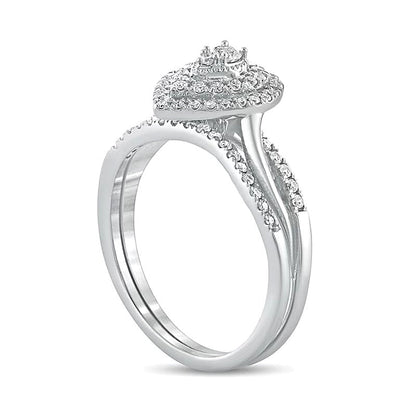 0.38 ct. Gesamtgewicht Komposit-Diamant Braut-Set mit tropfenförmigem Rahmen in 10K Weißgold
