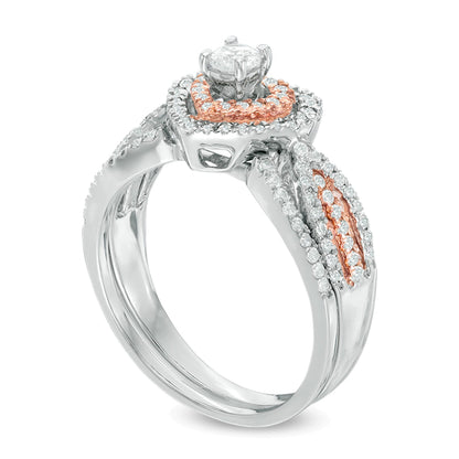 0.63 ct. Gesamtgewicht Diamant Brautset mit doppeltem Herzrahmen in 10K Bicolor Gold