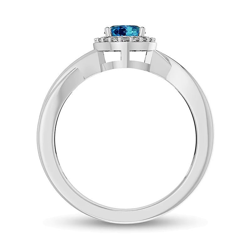 Ring mit ovalem Swiss Blue Topas und 0,07 ct. Gesamtgewicht Diamanten mit Rahmen und Crossover-Schiene in 10K Weißgold