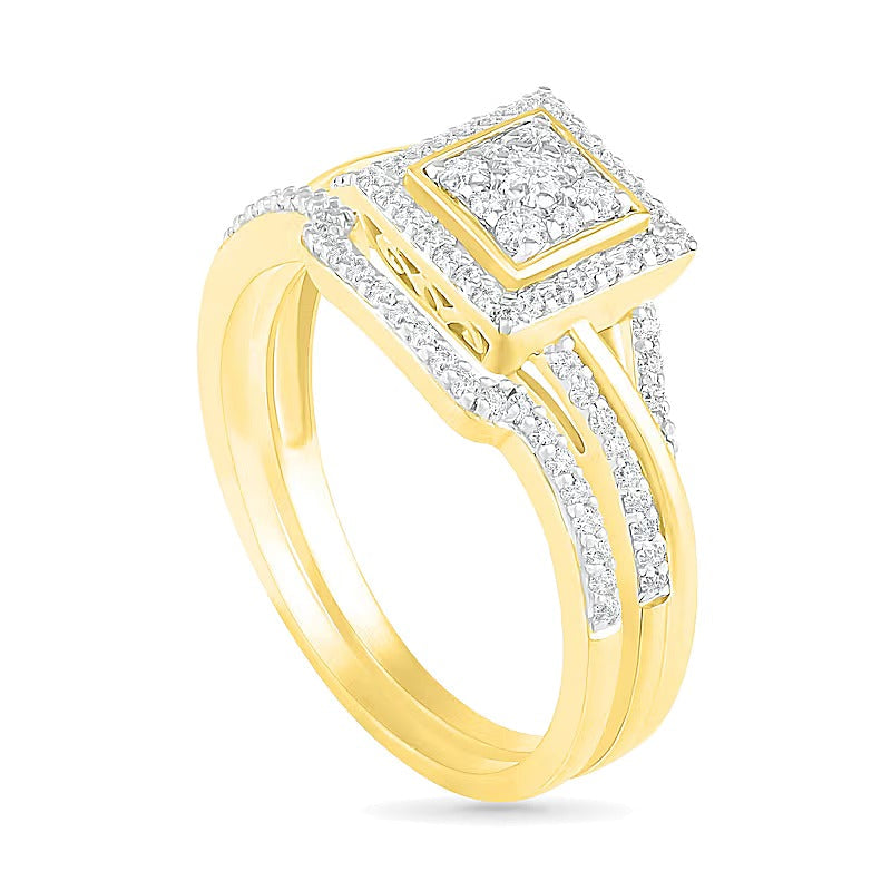 Komposit-Diamant Brautset mit quadratischem Rahmen und geteiltem Ringkopf 0,38 ct. Gesamtgewicht in 10K Gelbgold
