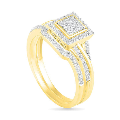 Komposit-Diamant Brautset mit quadratischem Rahmen und geteiltem Ringkopf 0,38 ct. Gesamtgewicht in 10K Gelbgold
