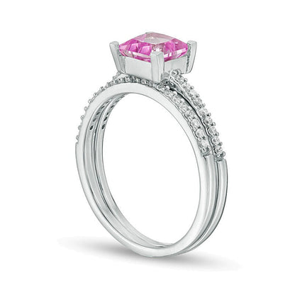 6,0 mm Brautset mit Princess Labor-Rosa-Saphir und 0,2 ct. Gesamtgewicht Diamant in rhodiniertem Sterlingsilber