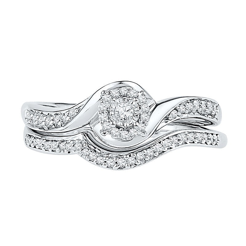 0,25 ct. Gesamtgewicht Diamant Brautset mit Swirl-Rahmen in rhodiniertem Sterlingsilber