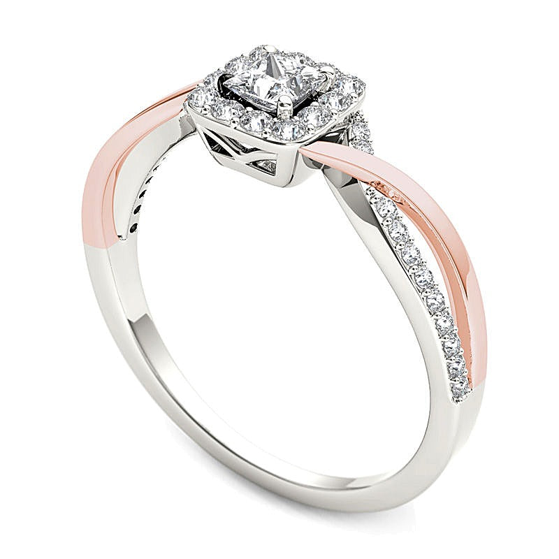 0.5 ct. Gesamtgewicht Verlobungsring Halo mit Diamanten im Princess-Schliff in 14K Gold zweifarbig