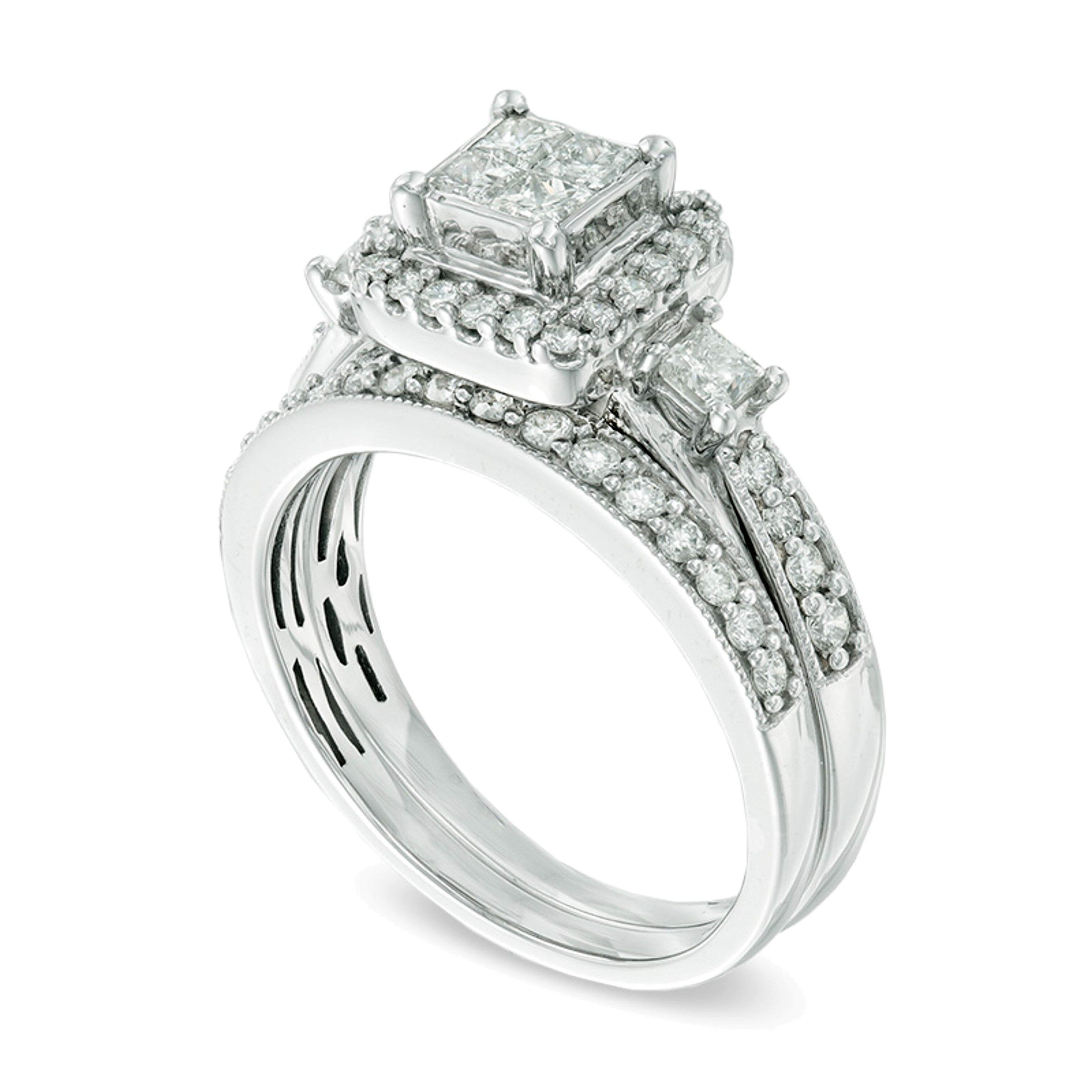 1.0 ct. Gesamtgewicht Brautset mit vier weißen Diamanten im Princess-Schliff in 10K Weißgold