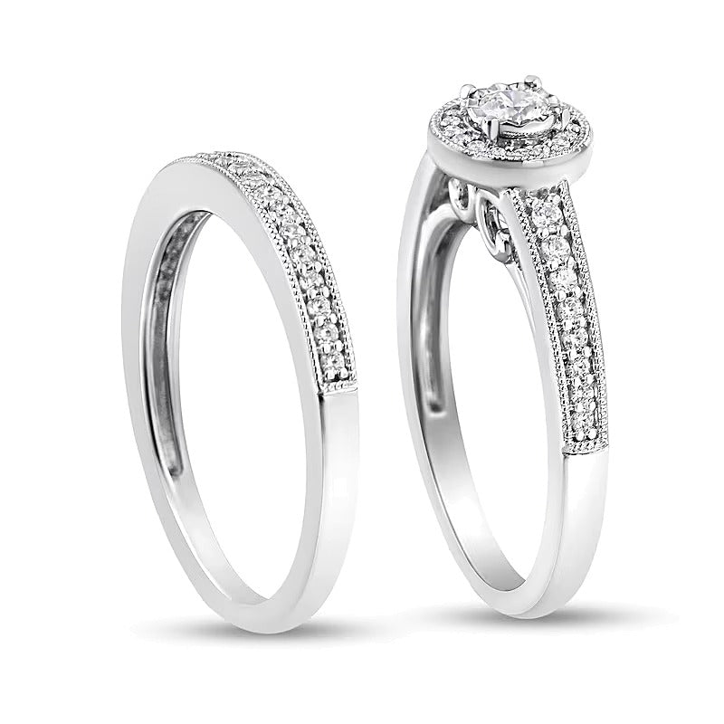 0.5 ct. Gesamtgewicht Diamant-Brautset in rhodiniertem Sterlingsilber (J/I3)