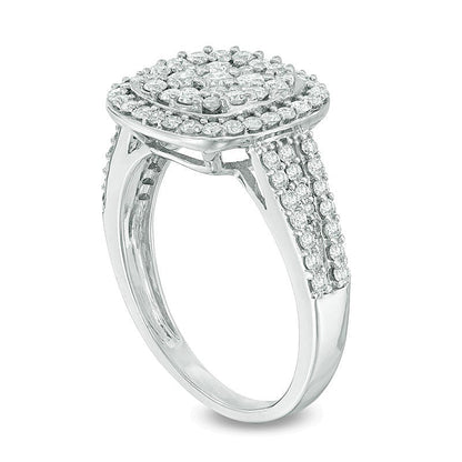 1.0 ct. Gesamtgewicht Multi-Diamant Verlobungsring mit Kissenschliff-Halo in 14K Weißgold