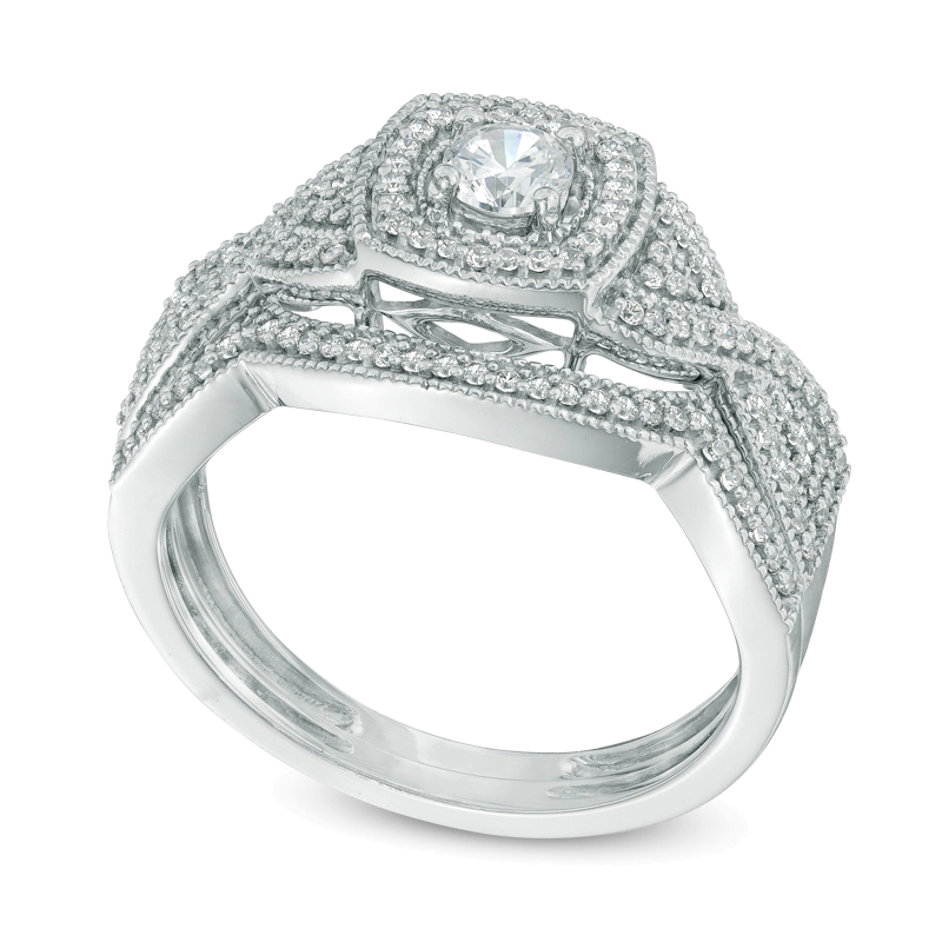 0.5 CT. Gesamtgewicht Diamant-Brautset mit quadratischem Rahmen und gedrehter Ringschiene in 10K Weißgold