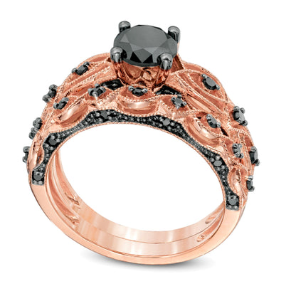 1,38 ct. Gesamtgewicht schwarzer Diamant Brautset im Vintage-Stil in 10K Roségold