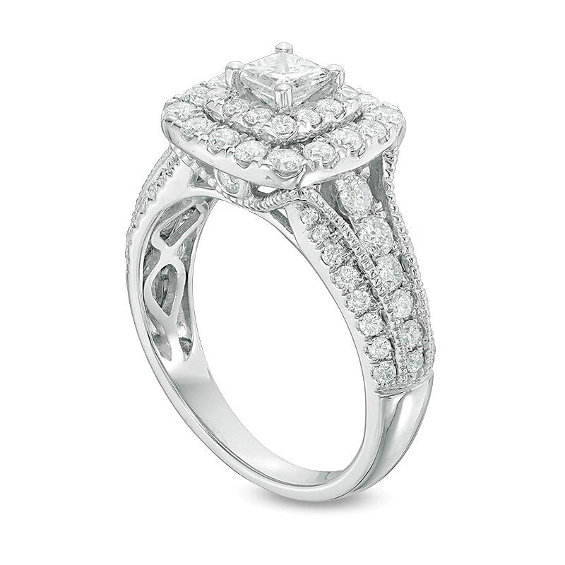 1.5 ct. Gesamtgewicht Verlobungsring im Vintage-Stil mit Diamanten im Princess- und Rundschliff und doppeltem Halo in 14K Weißgold