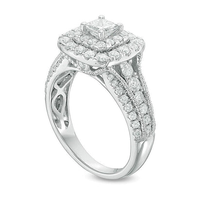 1.5 ct. Gesamtgewicht Verlobungsring im Vintage-Stil mit Diamanten im Princess- und Rundschliff und doppeltem Halo in 14K Weißgold