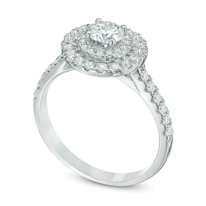 Halo Verlobungsring mit weißen Diamanten 1.0 CT. Gesamtgewicht in 14K Weißgold