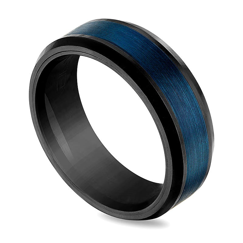 8,0mm Ring mit gefasten Kanten, blau gebürsteter Mitte in schwarz ionenbeschichtetem Two-Tone-Tungsten