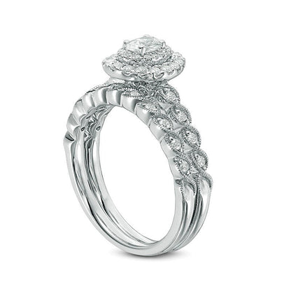 0,75 ct. Gesamtgewicht Braut-Set mit Diamanten im Oval- und Rundschliff im Vintage-Stil mit doppeltem Rahmen und Twist-Design in 14K Weißgold