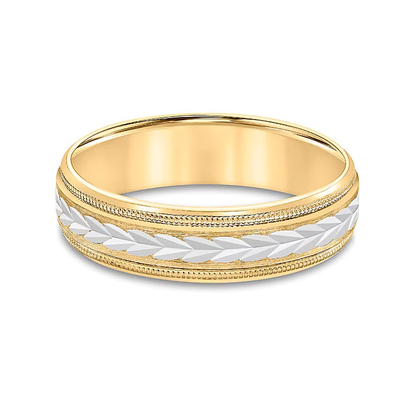 6.0mm Ehering mit geschnitztem Muster und niedriger Wölbung in 10K Bicolor-Gold
