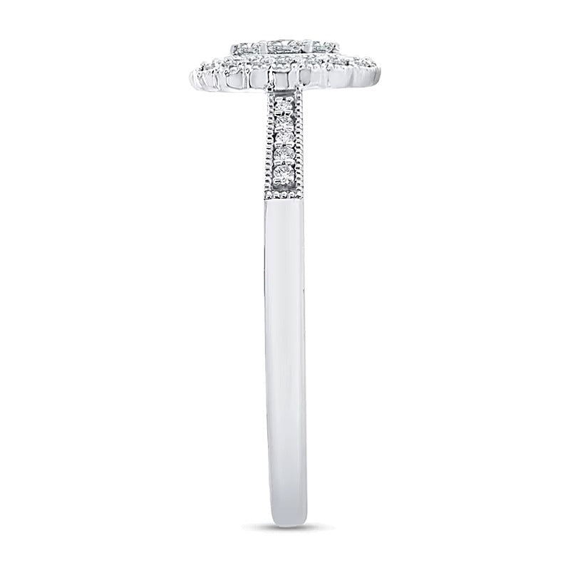 Vintage-Ring mit ovaler Diamant-Anordnung im Muschelrahmen 0,2 ct. Gesamtgewicht in 10K Weißgold