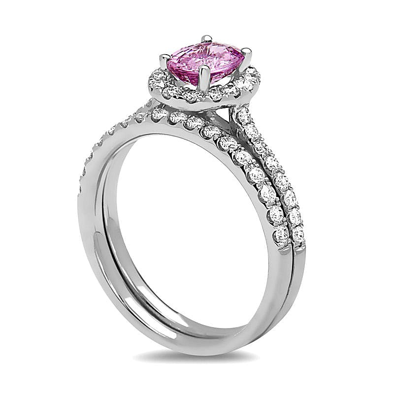 Braut-Set mit ovalem rosa Saphir und Diamant 0,63 ct. Gesamtgewicht in 14K Weißgold