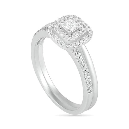 Braut-Set mit Diamanten im Princess-, Rund- und Kissenschliff und doppeltem Kissen-Rahmen in 10K Weißgold, 0.38 ct. Gesamtgewicht