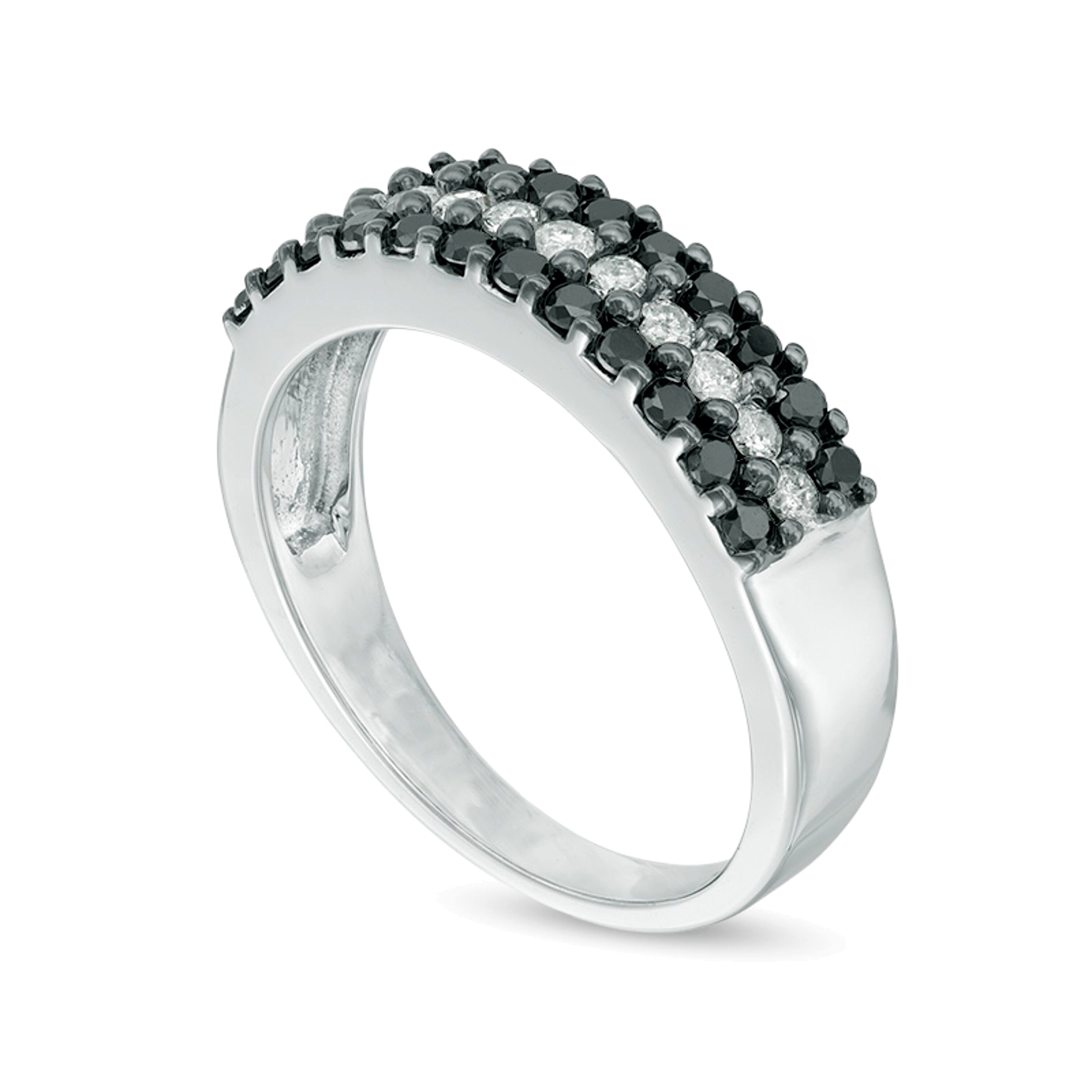 0.75 ct. Gesamtgewicht behandelter schwarzer und weißer Diamant Memoire-Ring dreireihig in 10K Weißgold