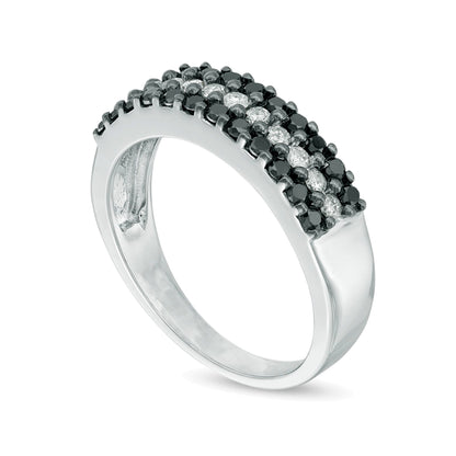 0.75 ct. Gesamtgewicht behandelter schwarzer und weißer Diamant Memoire-Ring dreireihig in 10K Weißgold