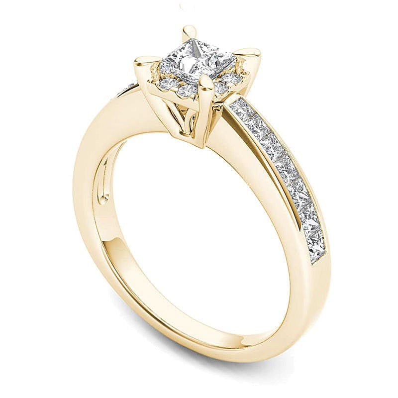 1.0 CT. TW Verlobungsring mit Diamanten im Princess-Schliff und Halo in 14K Gelbgold