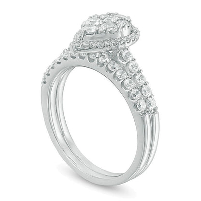 Braut-Set mit weißen Diamanten im runden und Tropfen-Schliff 1.0 ct. Gesamtgewicht in 14K Weißgold