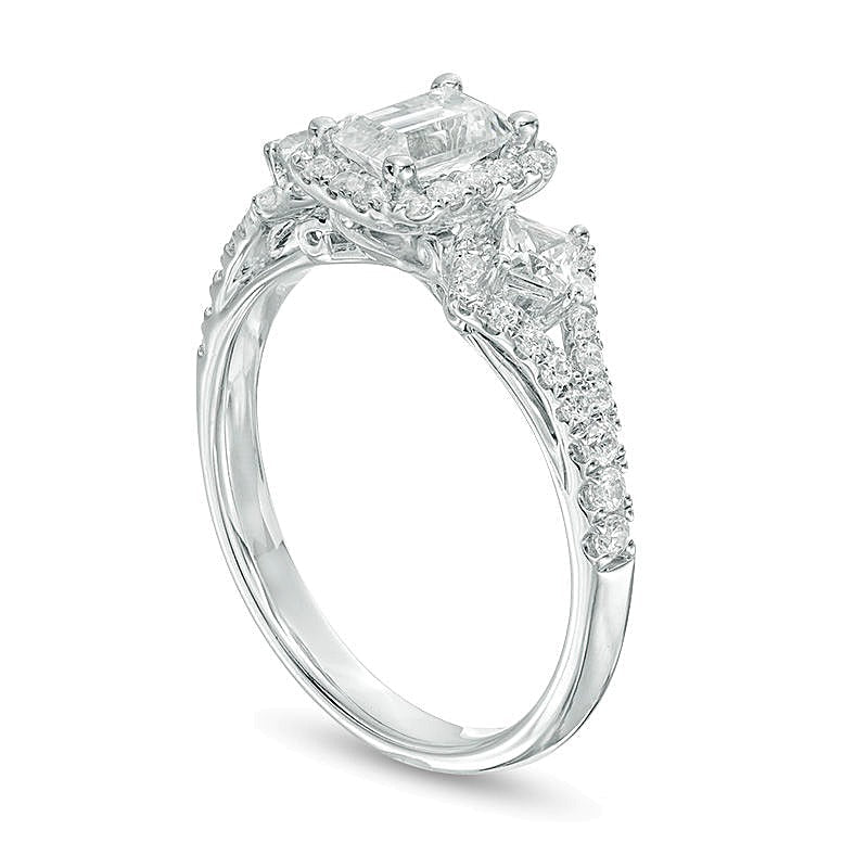 1.0 ct. Gesamtgewicht Dreistein-Verlobungsring mit Diamanten im Smaragdschliff in 14K Weißgold (I/I1)